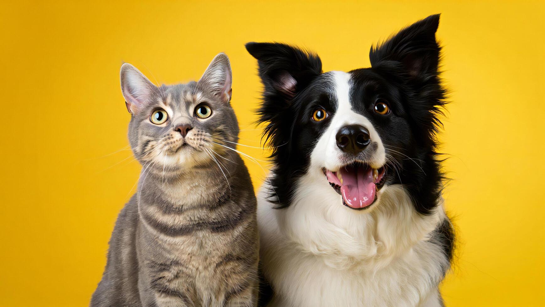 Dog Background Adorable Grey Cat and Happy Border Collie Dog Posing Together on Yellow Background photo