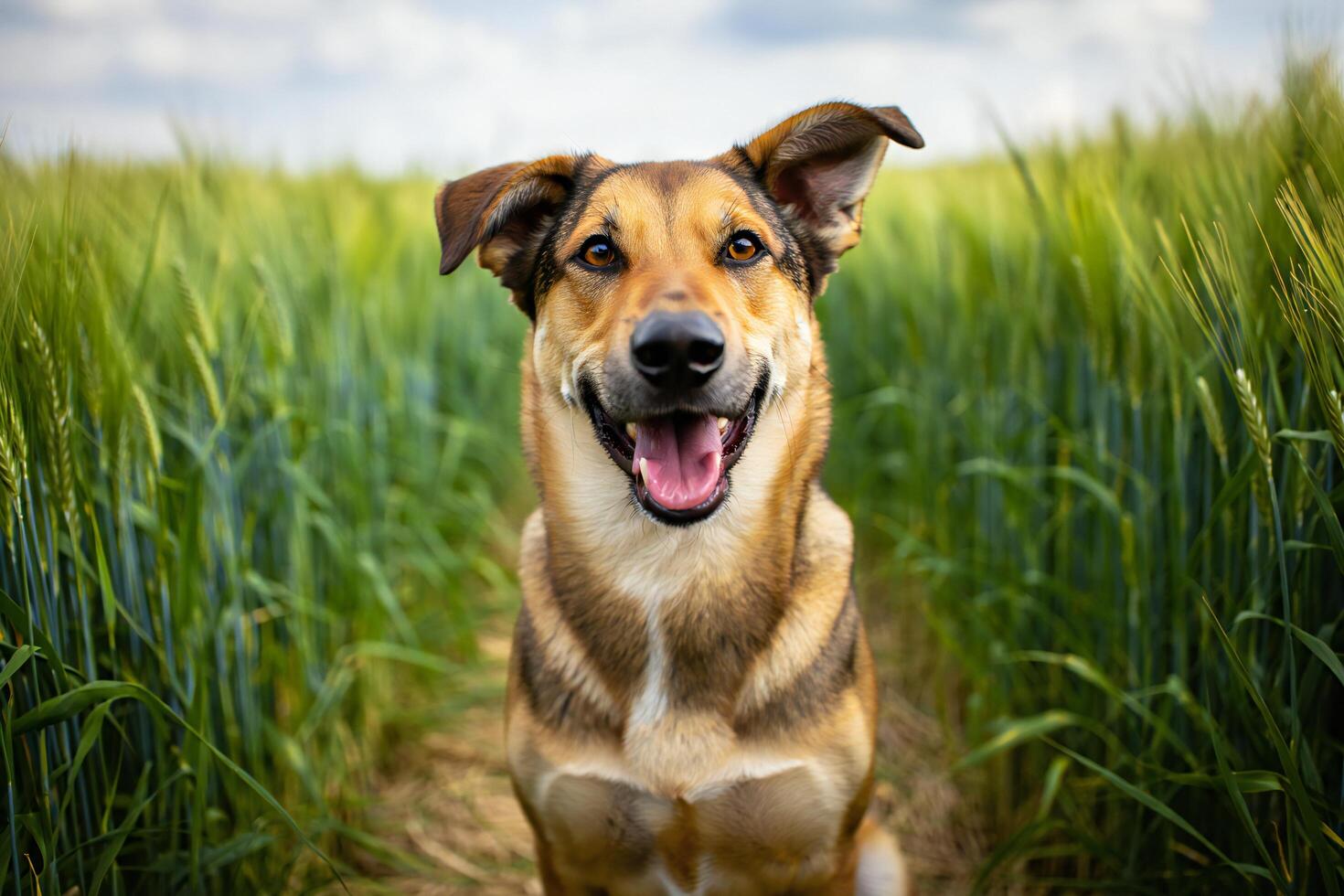Dog Background Happy Dog in Green Wheat Field Smiling Canine Portrait Summer Pet photo