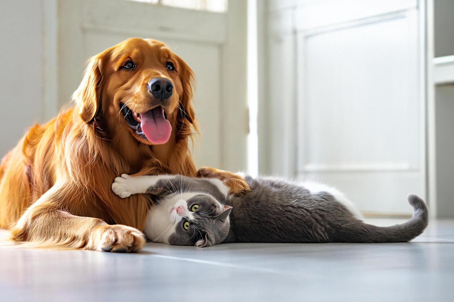 Dog Background Golden Retriever Dog and Grey Cat Playing Together Indoors on Floor photo
