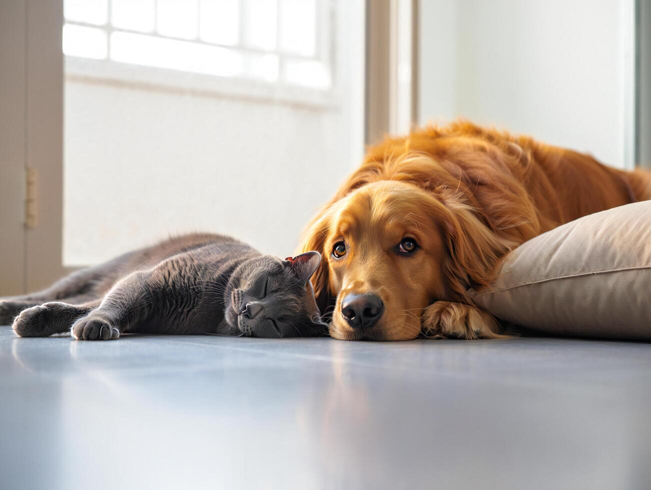 Dog Background Golden Retriever Dog and Gray Cat Relaxing Together Indoors on Floor photo
