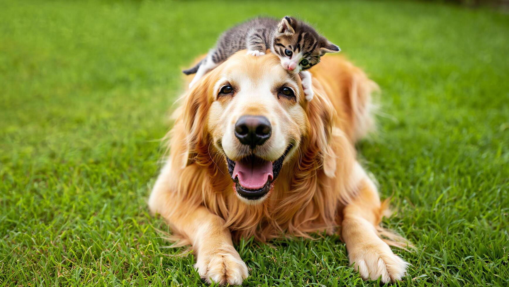 Dog Background Adorable Golden Retriever Dog and Kitten Best Friends Playing Together Outdoors on Grass photo