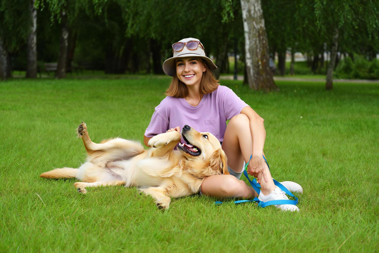 Dog Background Happy Woman Playing with Golden Retriever Dog in Summer Park photo