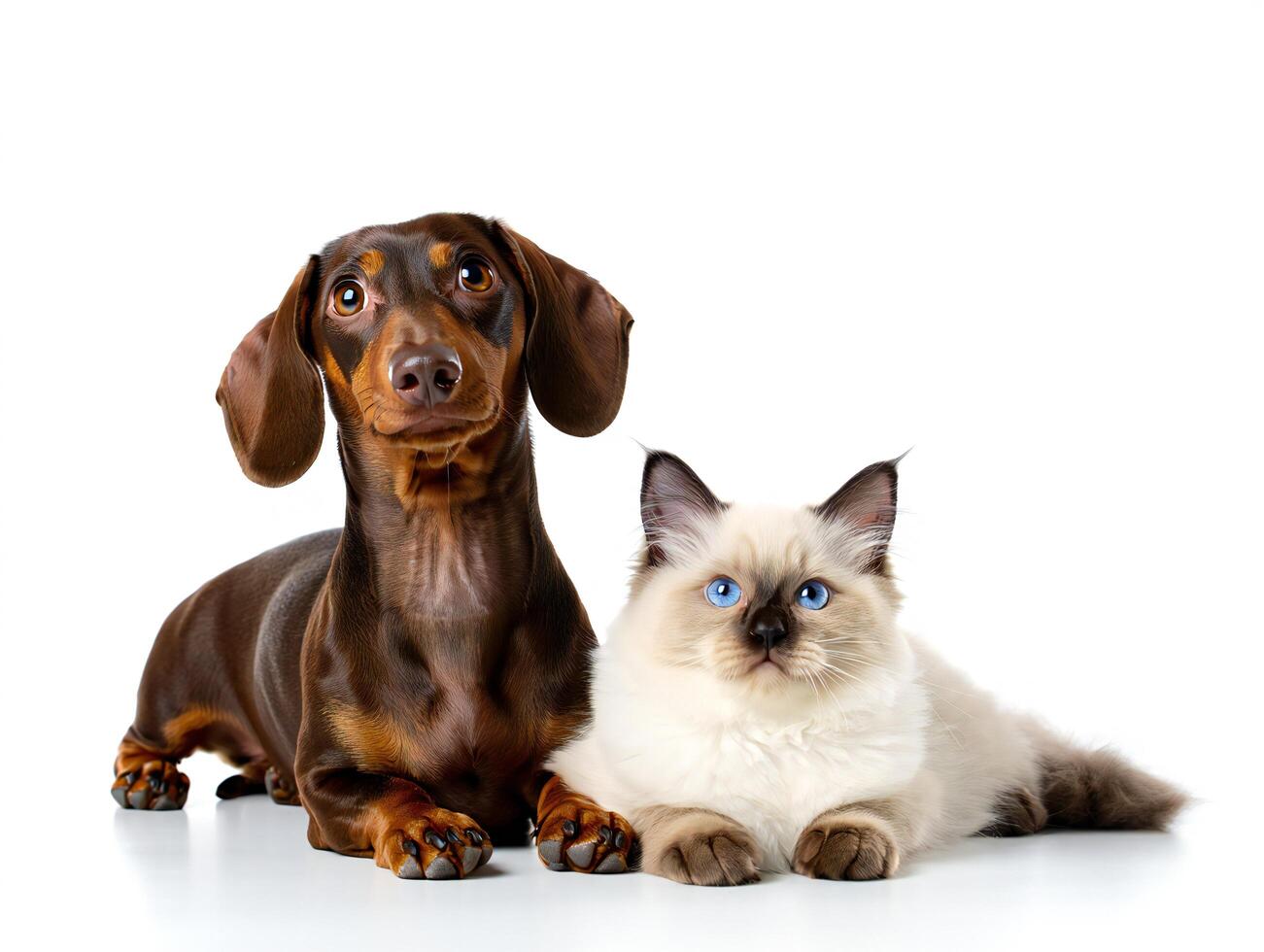 Dog Background Adorable Dachshund Dog and Ragdoll Kitten Posing Together on White Background photo