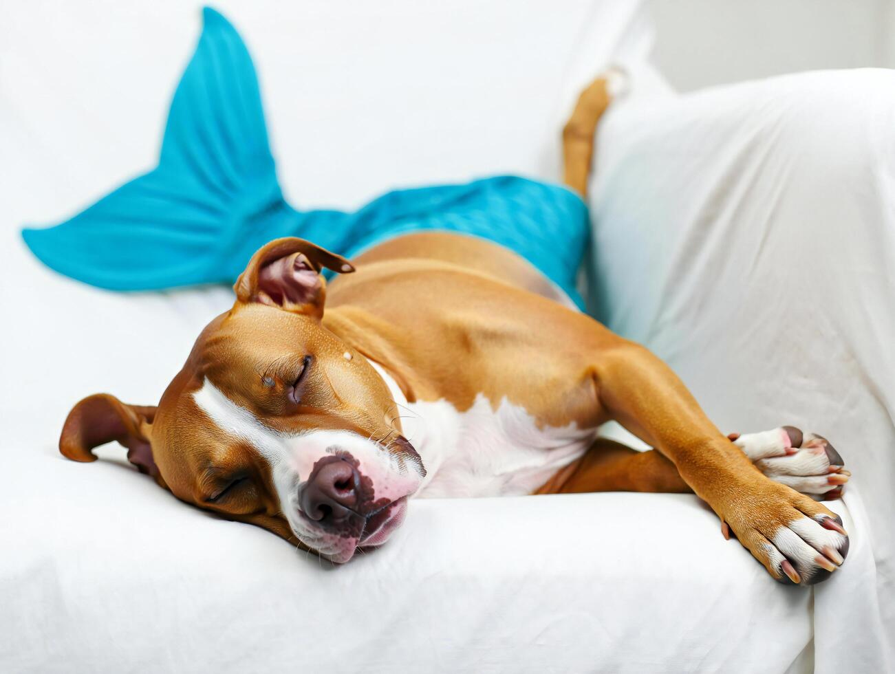 Dog Background Adorable Brown and White Pitbull Puppy Sleeping in a Teal Mermaid Tail Costume on a White Couch photo