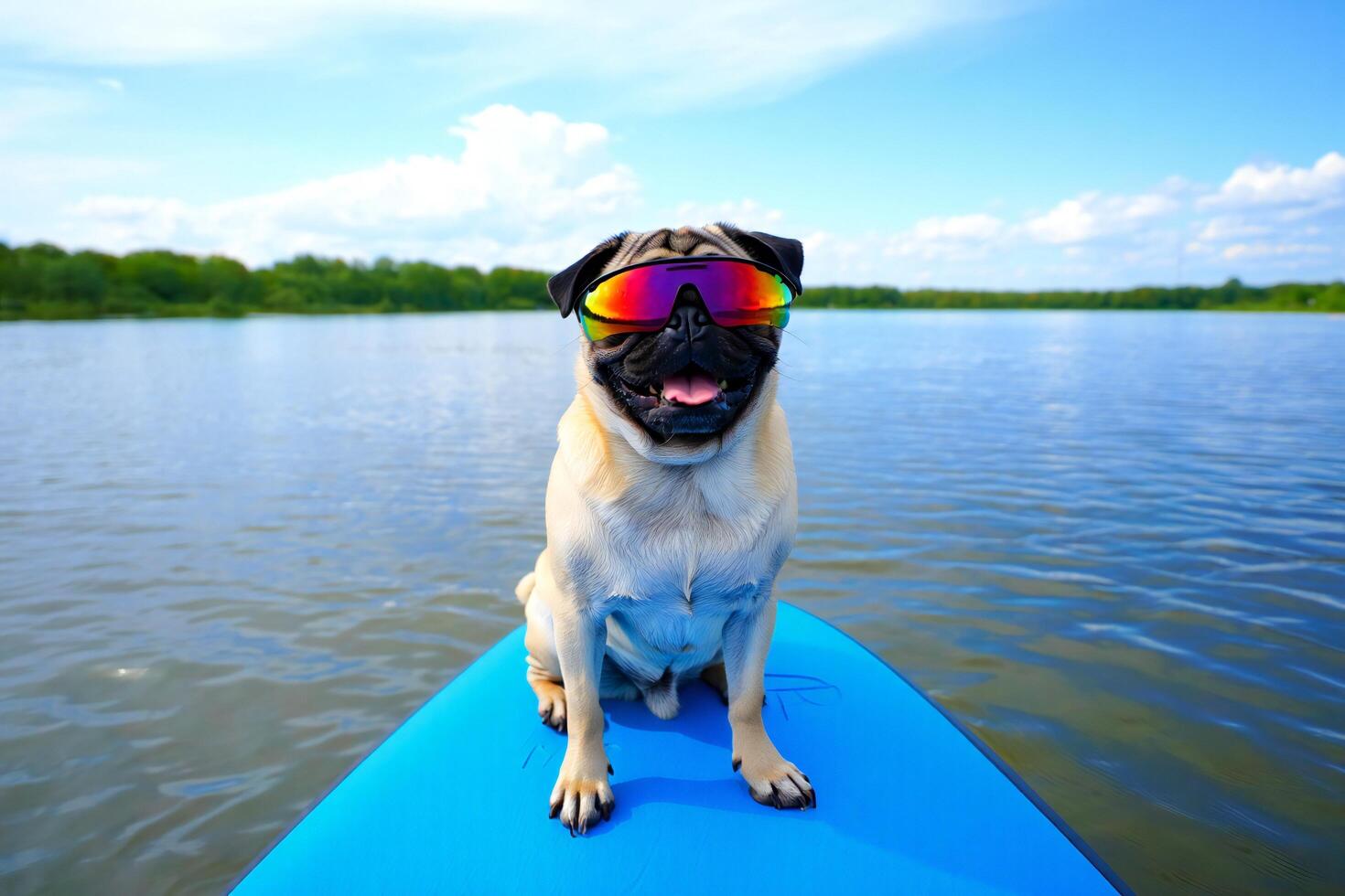 Dog Background Pug Dog Wearing Sunglasses on Paddleboard Summer Fun on Lake photo