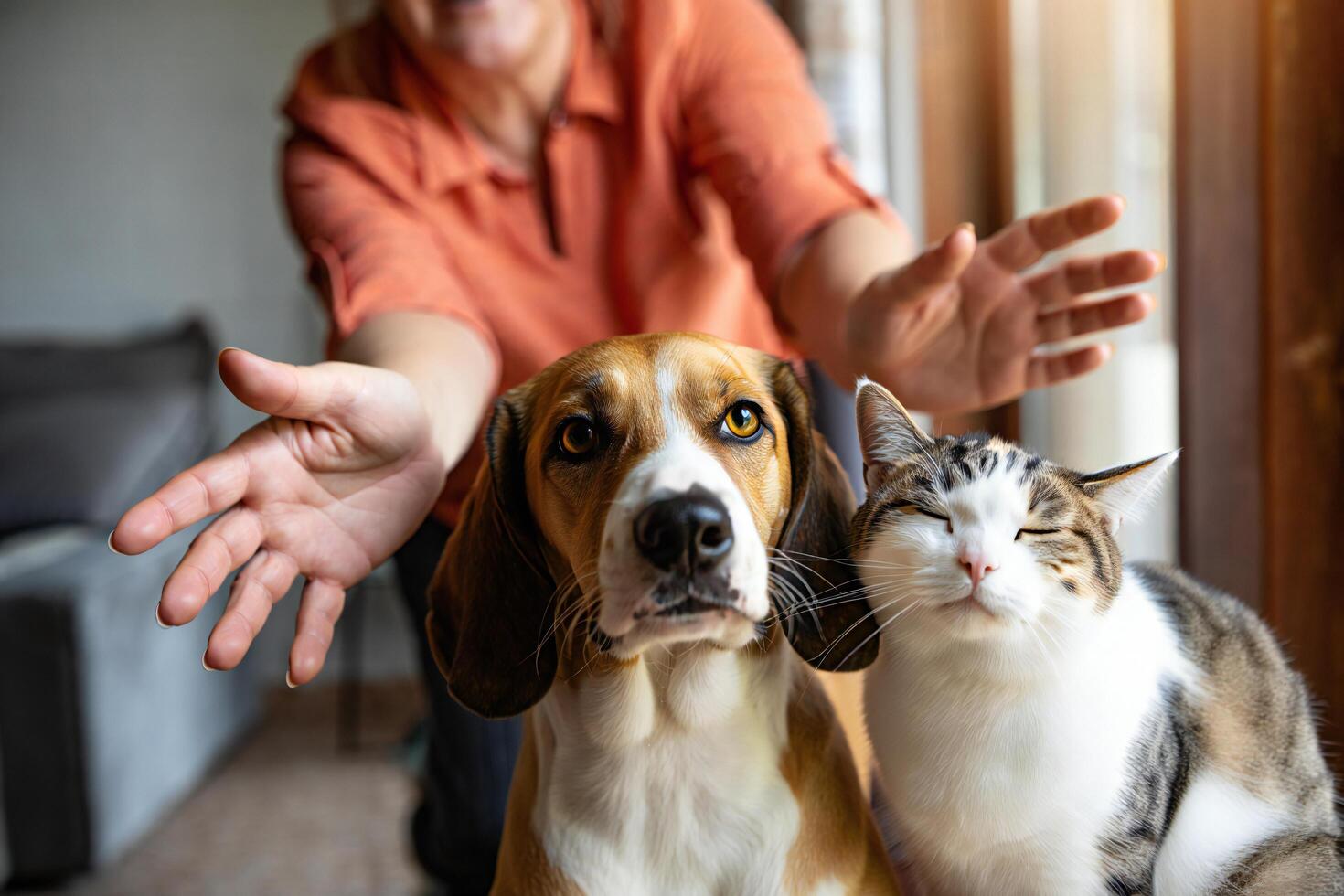 Dog Background Woman s Hands Gently Frame Adorable Beagle Dog and Calico Cat Indoors photo