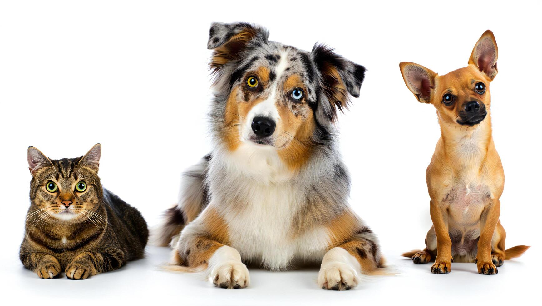 Dog Background Adorable Cat and Dogs Studio Shot Australian Shepherd Chihuahua Tabby Cat Pets photo