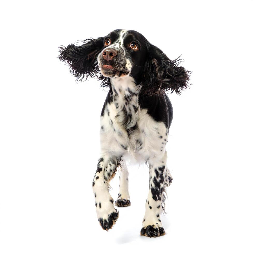 Dog Background Playful Springer Spaniel Dog Running Black and White Studio Shot photo