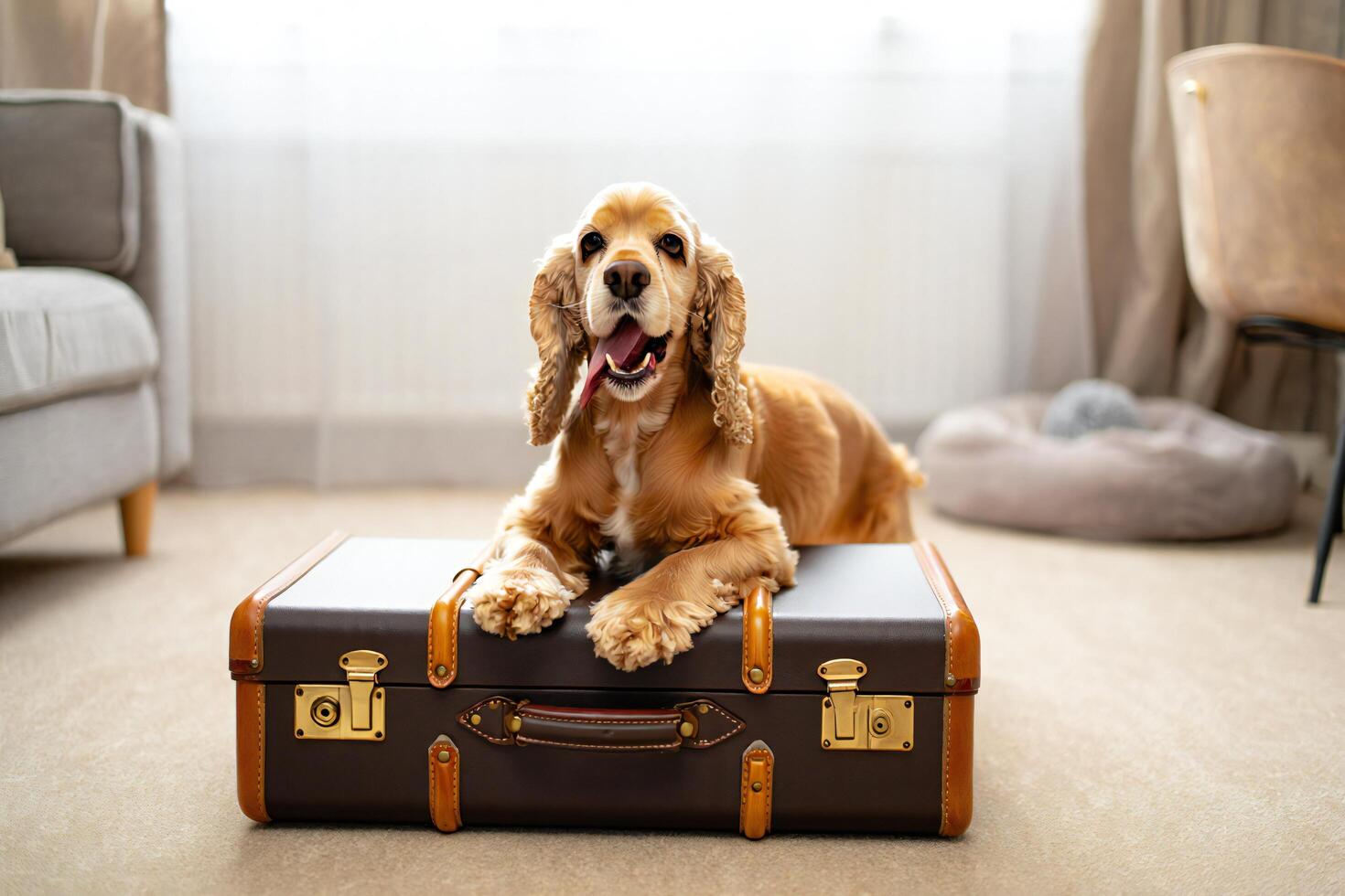Dog Background Adorable Cocker Spaniel Dog Relaxing on Vintage Suitcase Ready for Travel photo