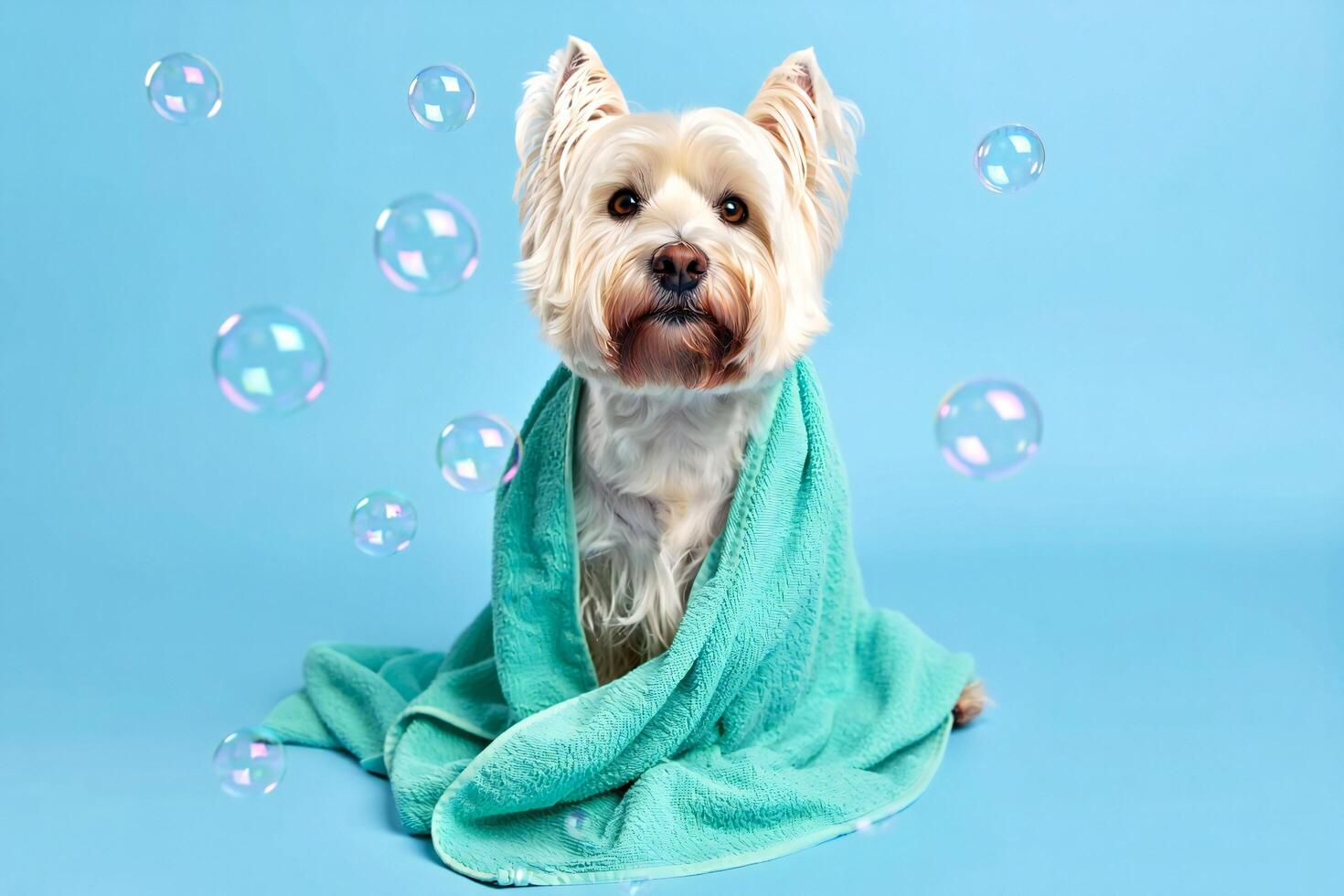 Dog Background Adorable West Highland White Terrier Dog in Teal Towel Bubbles Background Pet Grooming photo