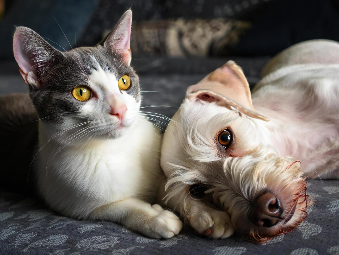 Dog Background Adorable Grey and White Cat and Fluffy White Dog Relaxing Together on a Sofa photo