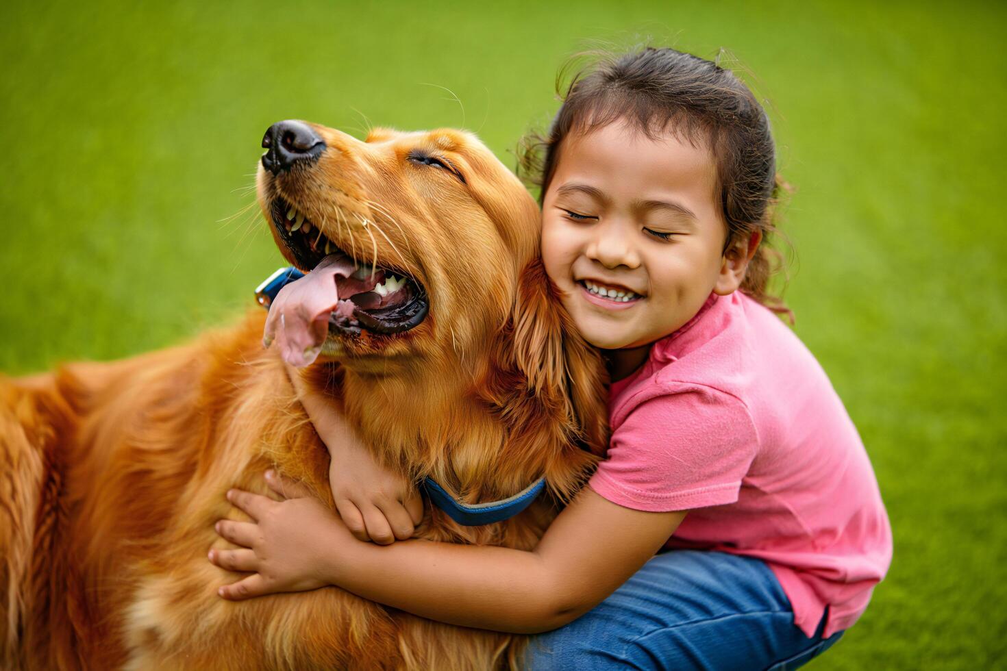 Dog Background Happy Child Hugging Golden Retriever Dog in Park Outdoor Fun photo
