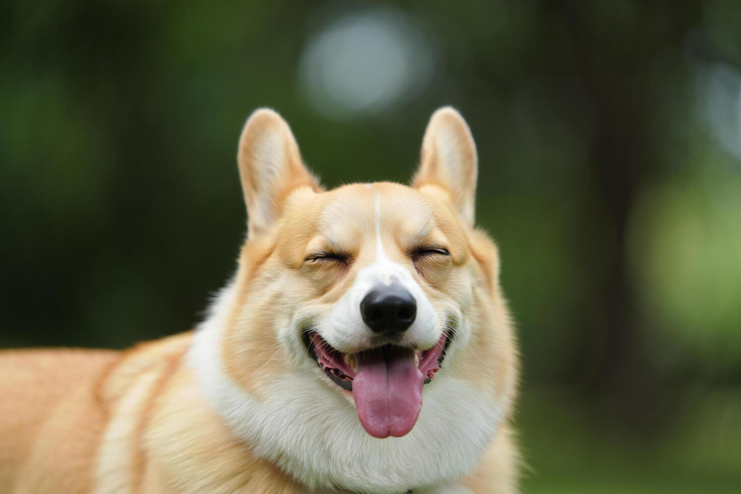 Dog Background Happy Pembroke Welsh Corgi Dog Smiling Outdoors in a Park photo