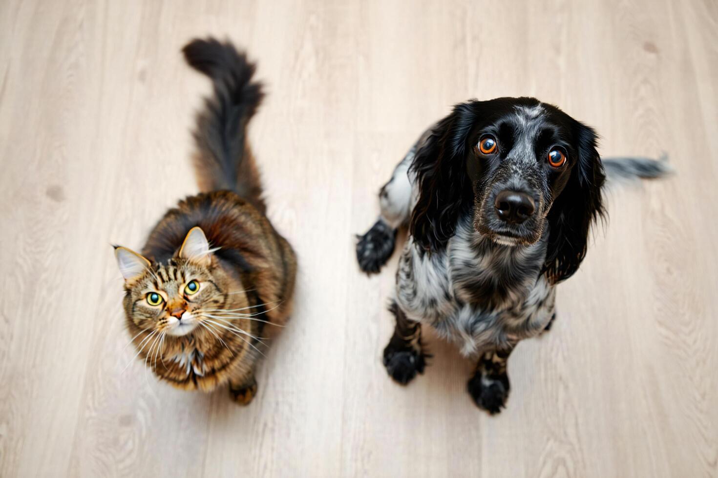 Dog Background Adorable Cat and Dog Sitting Together on Wooden Floor Pets Animals Companionship photo