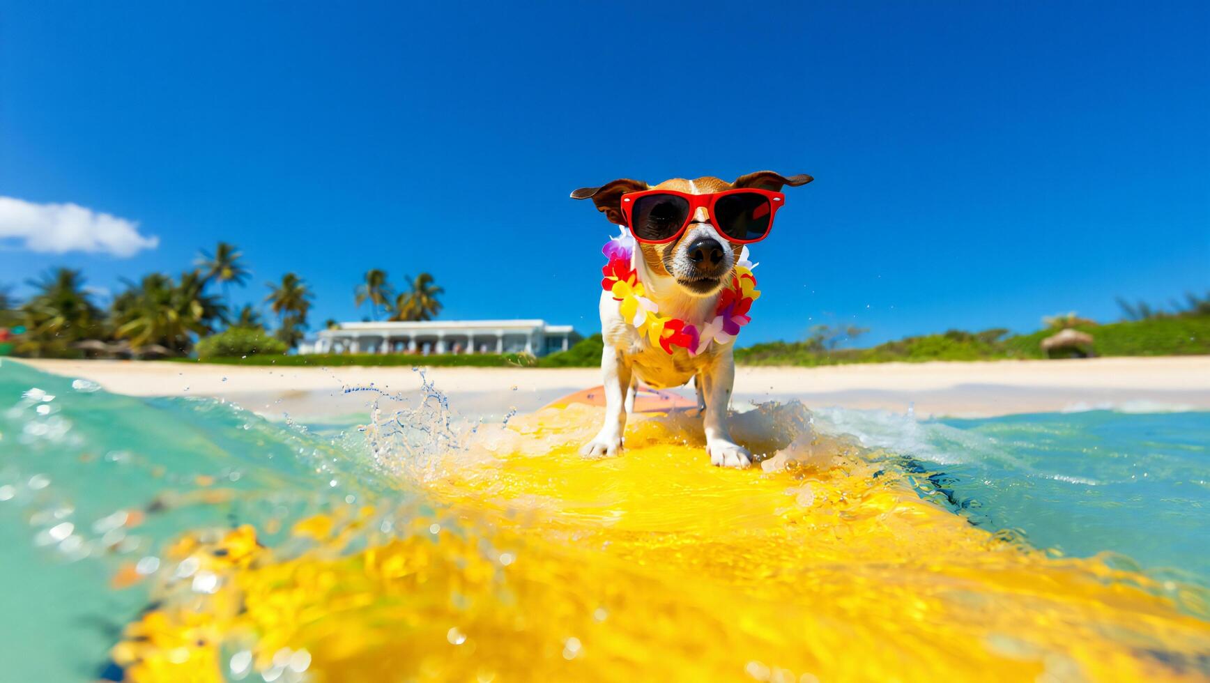 Dog Background Adorable Dog Surfing Summer Ocean Wave Wearing Sunglasses Lei photo