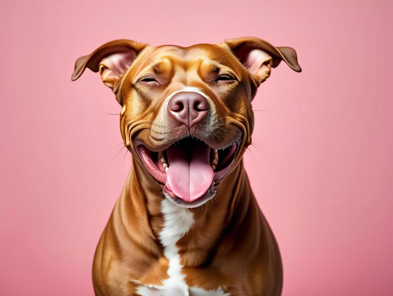 Dog Background Happy Brown Pit Bull Terrier Dog Smiling Pink Background Studio Portrait photo