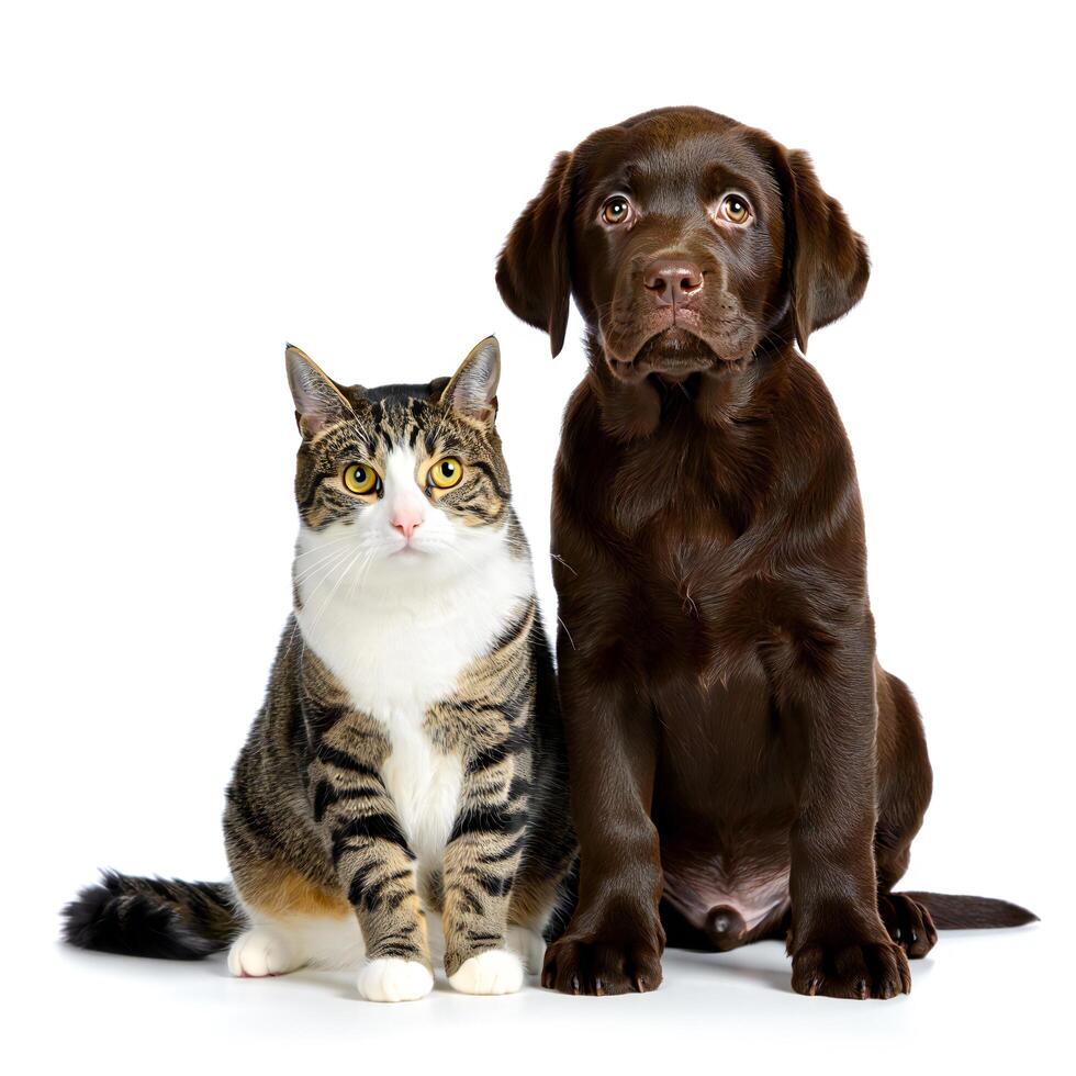 Dog Background Adorable Chocolate Labrador Puppy and Tabby Cat Posing Together Studio Shot photo