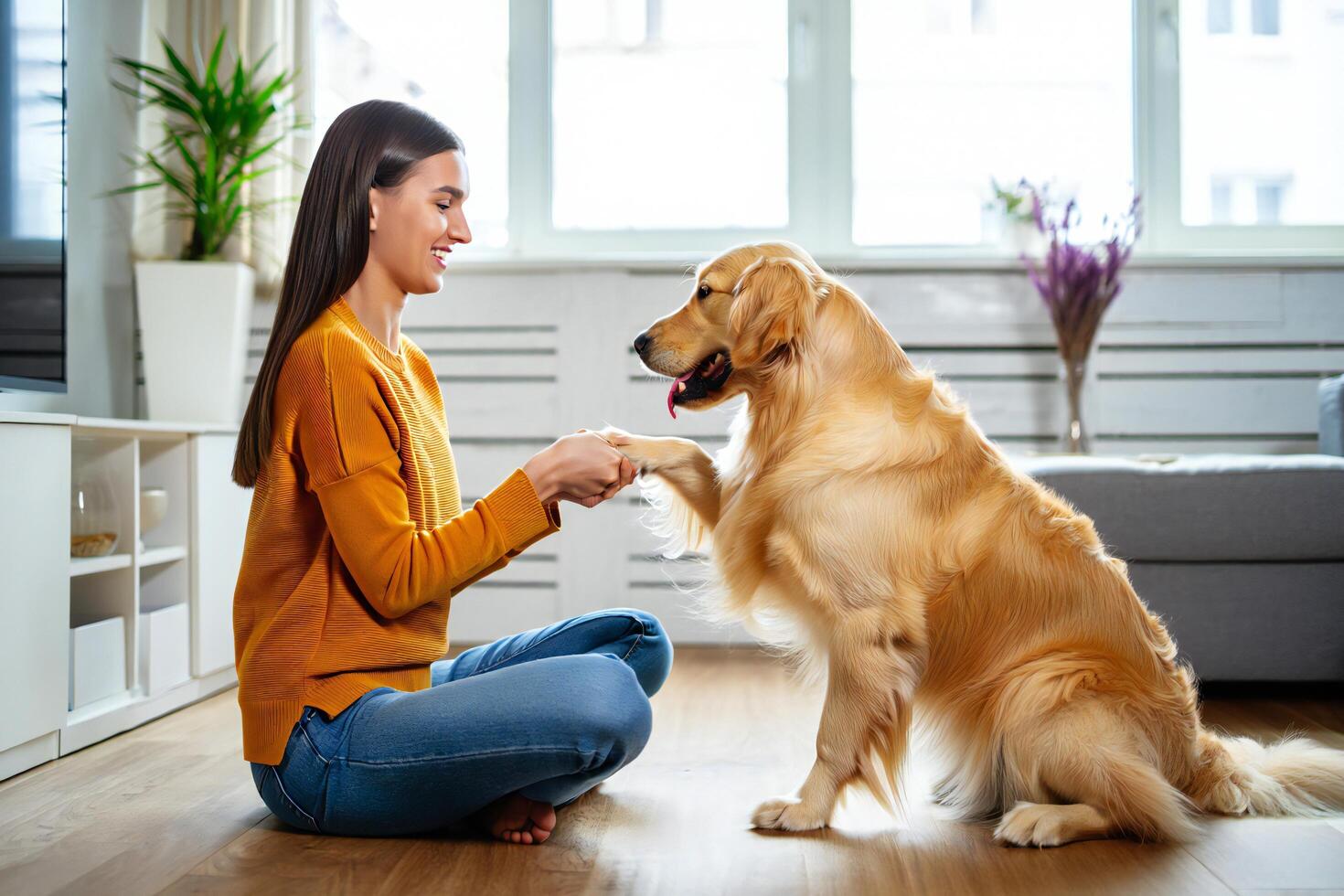 Dog Background Woman and Golden Retriever Dog Playing at Home Happy Pet Owner photo