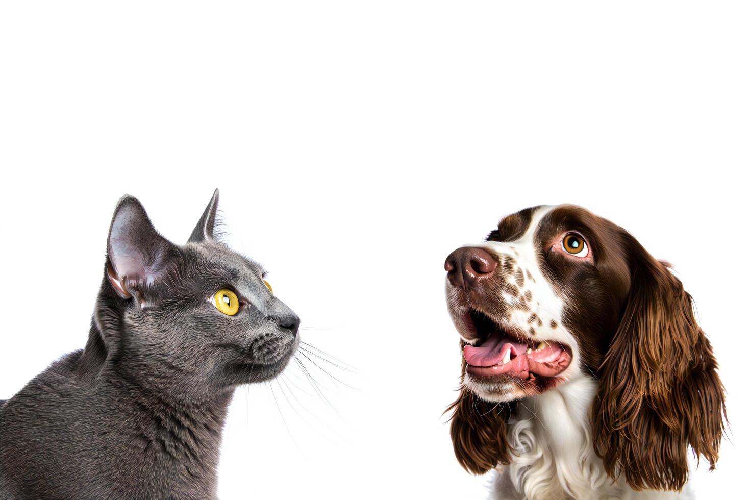 Dog Background Curious Gray Cat and Brown Springer Spaniel Dog Looking Up Isolated on White Background photo