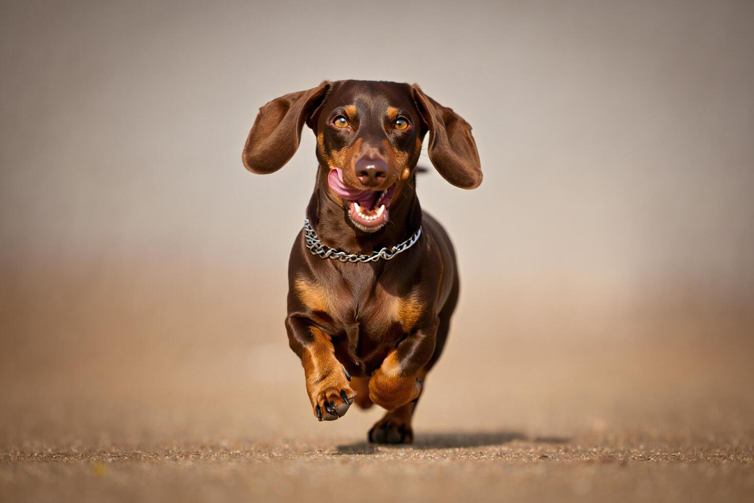 Dog Background Happy Brown Dachshund Dog Running Outdoors on Sunny Day photo