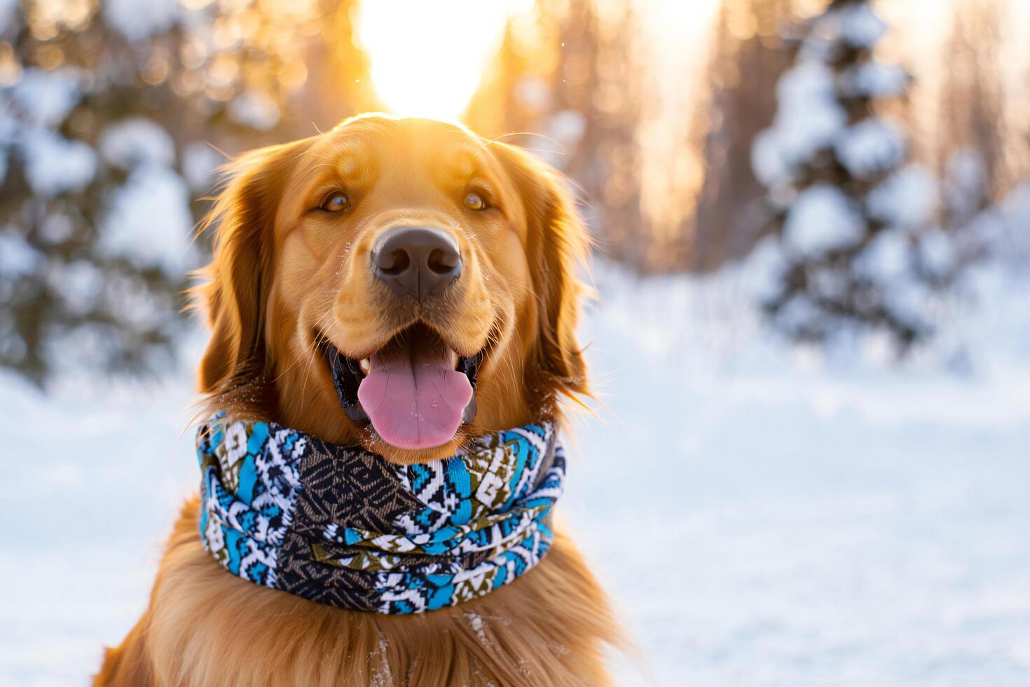 Dog Background Happy Golden Retriever Dog in Winter Wonderland Wearing a Cozy Neck Scarf photo
