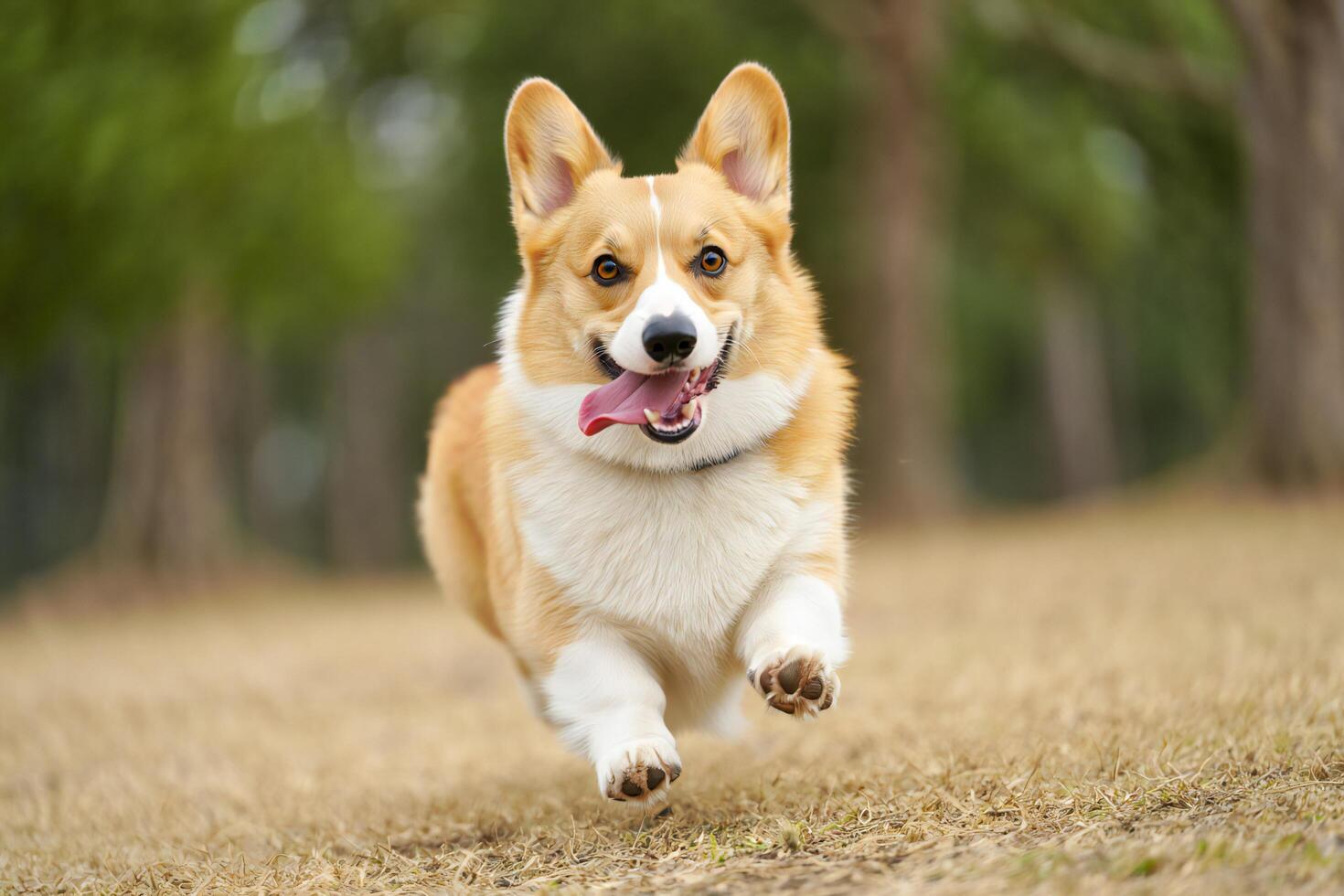 Dog Background Happy Pembroke Welsh Corgi Dog Running in Park Energetic Pet Canine Joy photo