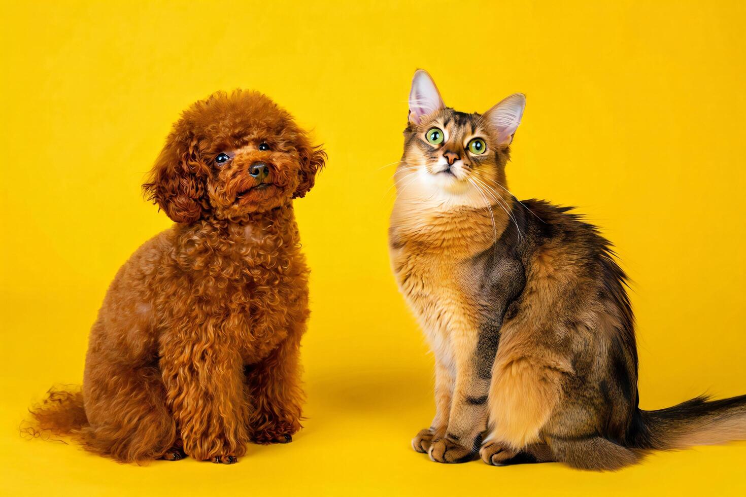 Dog Background Adorable Toy Poodle and Somali Cat Posing Together on Yellow Background photo