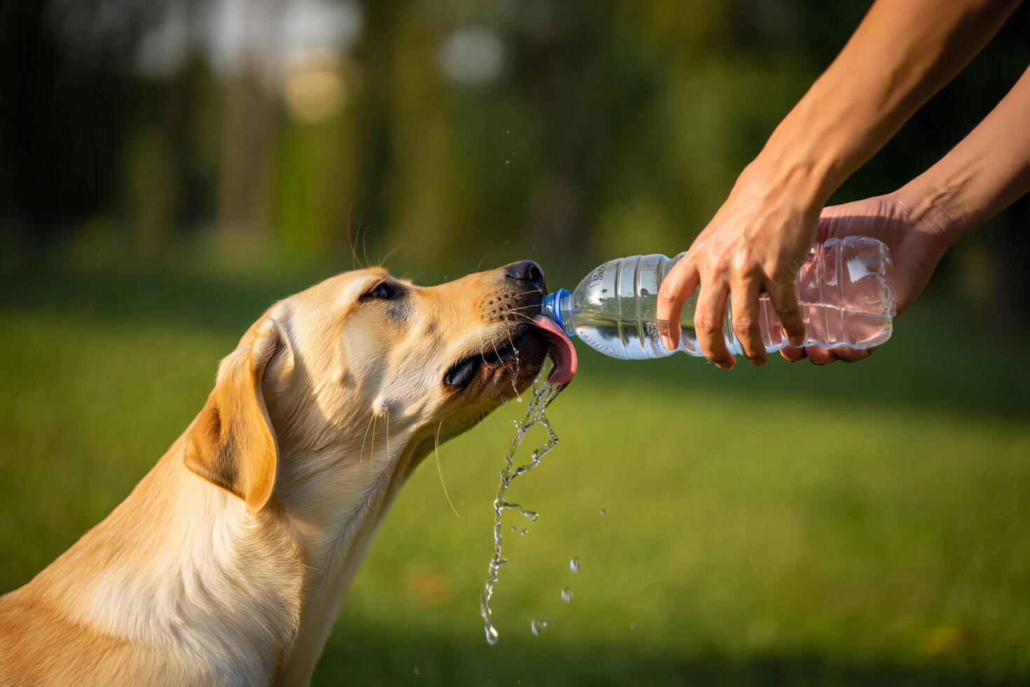 Dog Background Thirsty Golden Retriever Dog Drinking Water from Bottle in Park photo