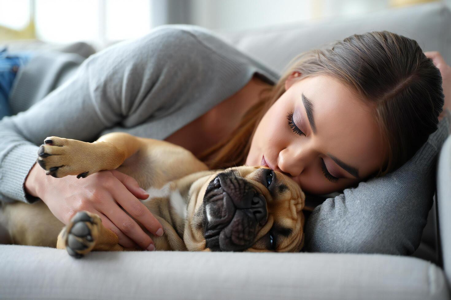 Dog Background Woman and French Bulldog Puppy Cuddling on Cozy Sofa Affectionate Pet Owner photo