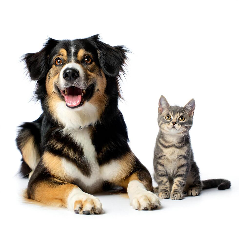 Dog Background Happy Australian Shepherd Dog and Cute Gray Tabby Kitten Posing Together on White Background photo