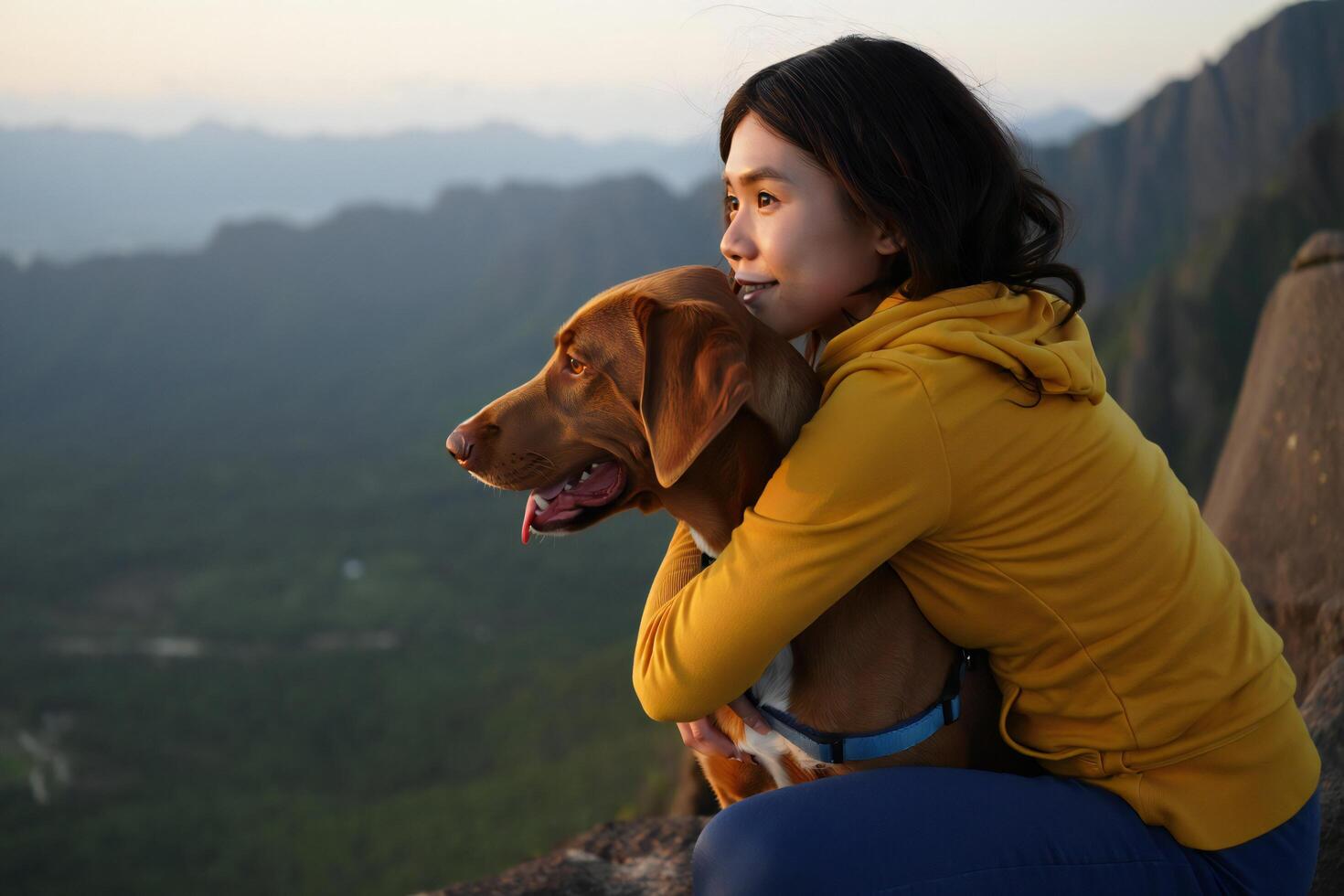 Dog Background Woman embracing brown dog scenic mountain view sunset happy pet owner photo