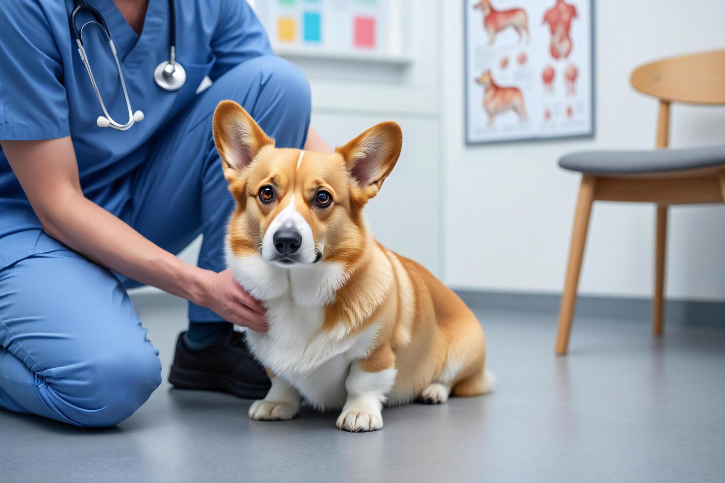 Dog Background Veterinarian Examining Adorable Pembroke Welsh Corgi Dog at Clinic photo