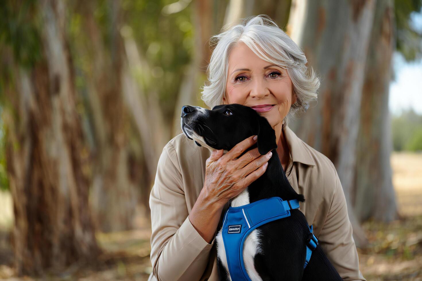 Dog Background Senior Woman with Gray Hair Embraces Adorable Puppy in a Park Setting photo