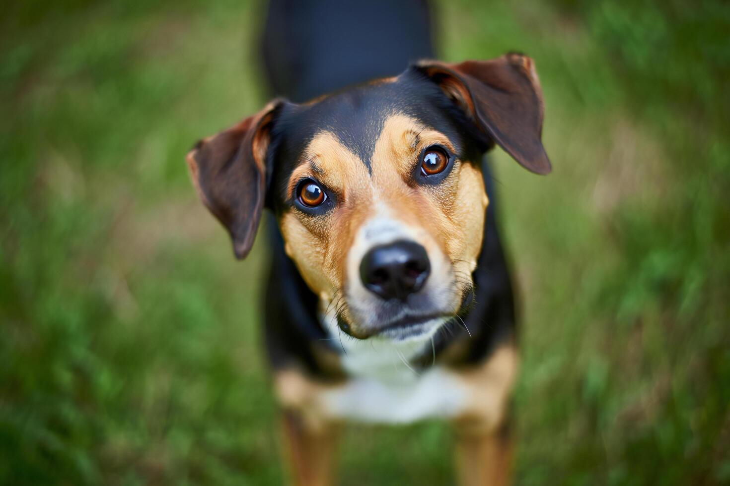 Dog Background Adorable Tri colored Dog Curious Gaze Outdoors in Grass Pet Portrait photo