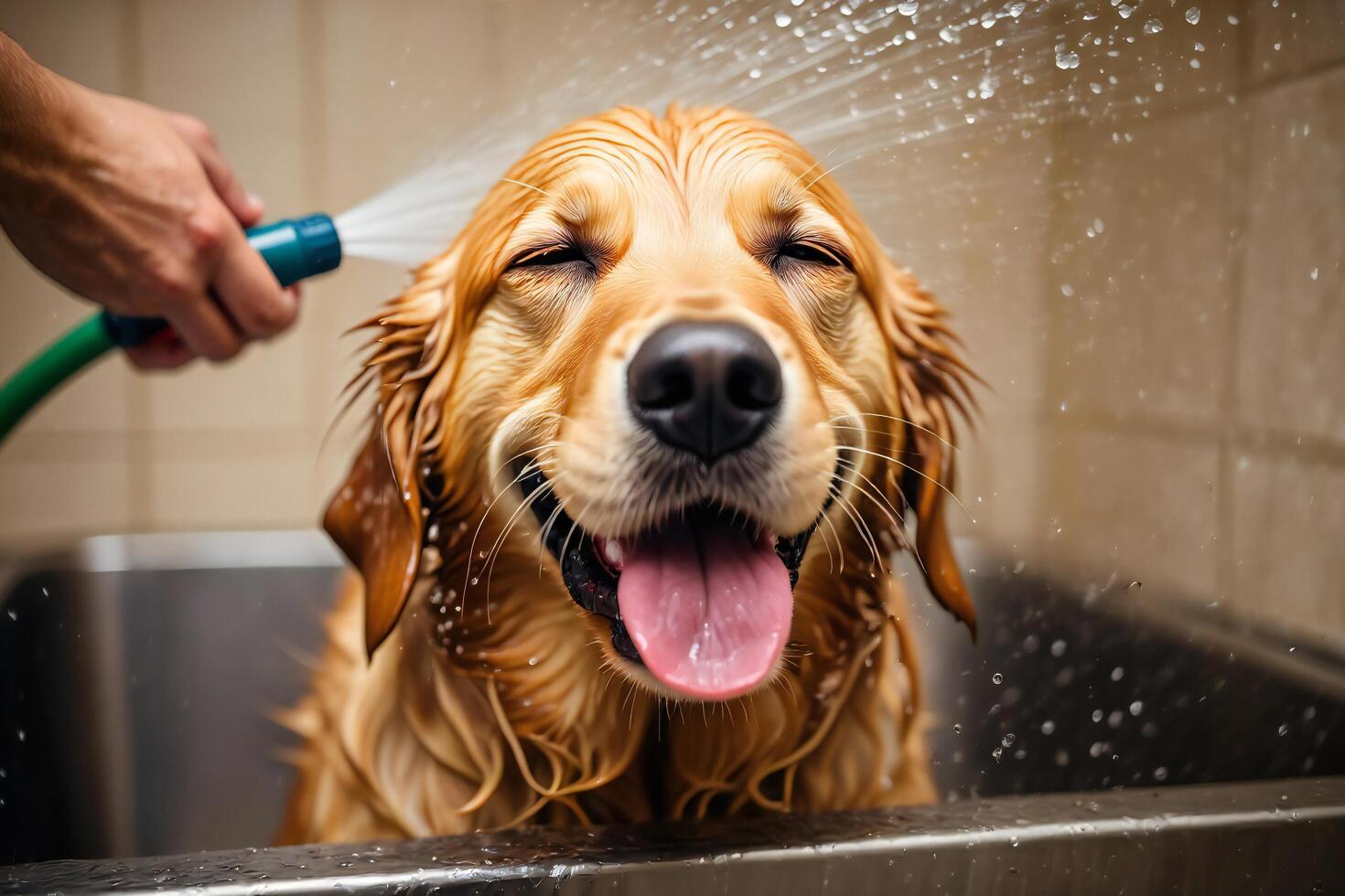 Dog Background Happy Golden Retriever Dog Getting a Shower Bath Wet Fur Pet Grooming photo