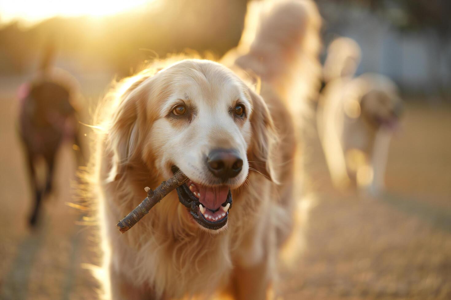 Dog Background Golden Retriever Dog Holding Stick at Sunset Happy Dog Outdoors Canine Playtime photo