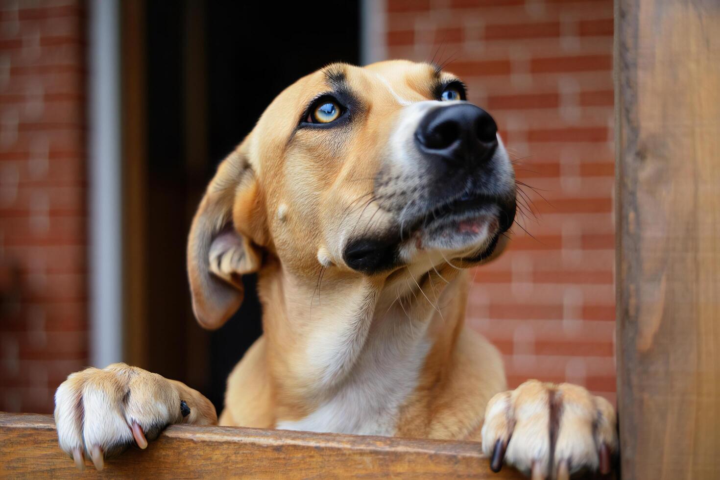 Dog Background Adorable Tan Dog with Striking Blue Eyes Peeking Over Wooden Fence photo