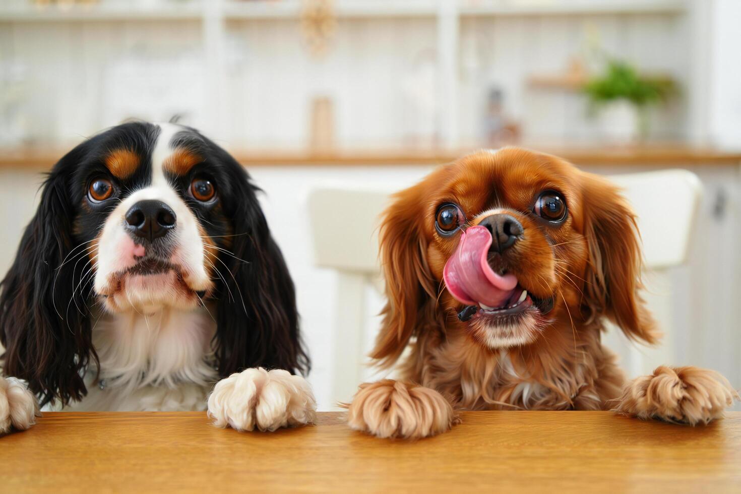 Dog Background Adorable Cavalier King Charles Spaniels at Table Anticipation Pets Dogs photo