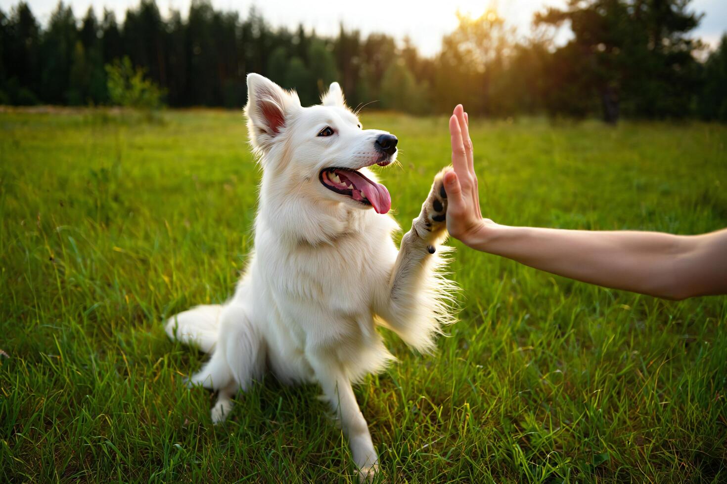 Dog Background Happy White Dog Giving High Five in Sunny Green Field Outdoors Pet Animal photo