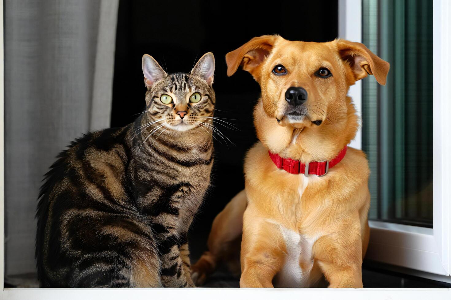 Dog Background Adorable Tabby Cat and Golden Dog Posing Together Indoors Near Window photo