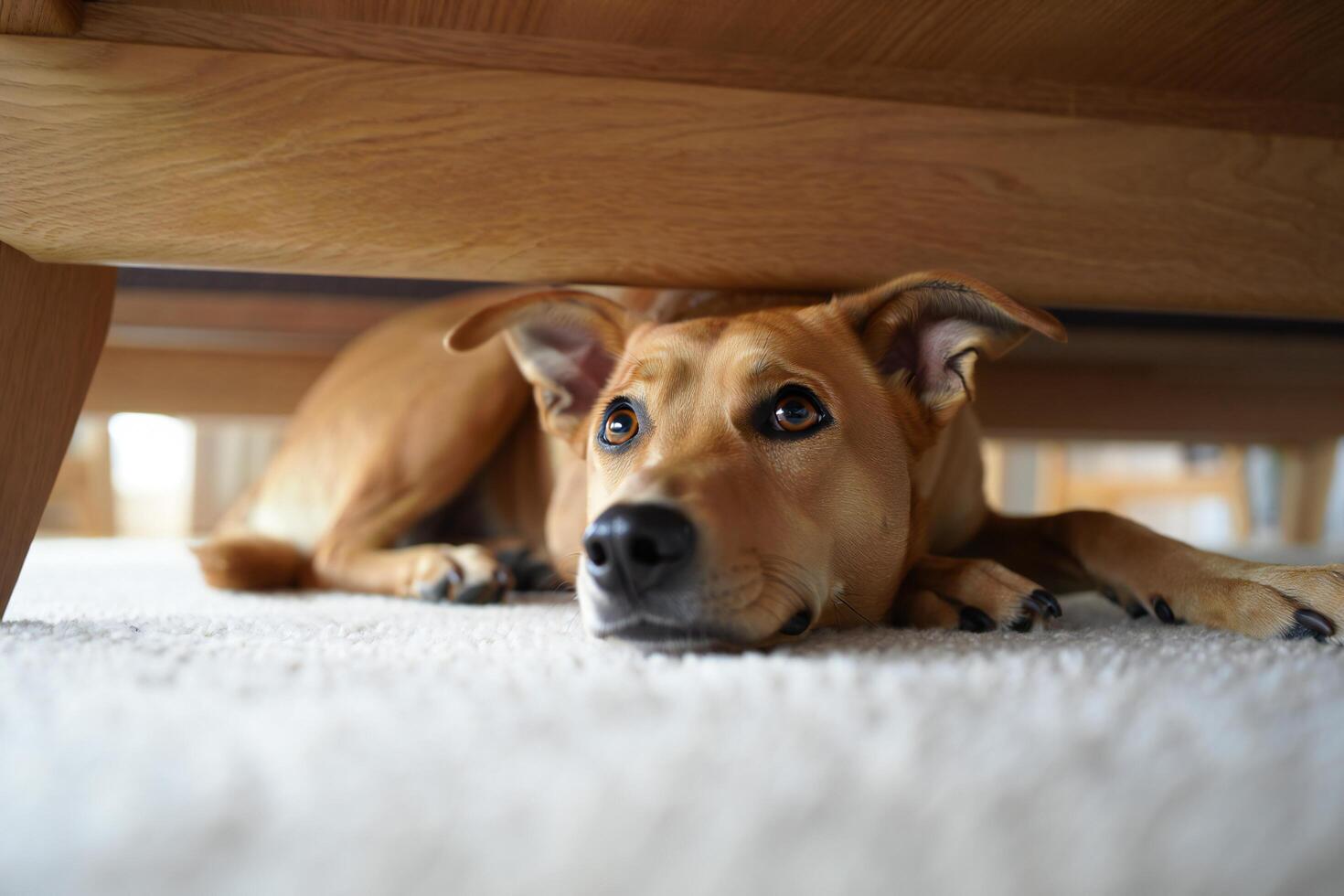 Dog Background Anxious Dog Hiding Under Furniture Fearful Pet Seeking Shelter Domestic Animal photo