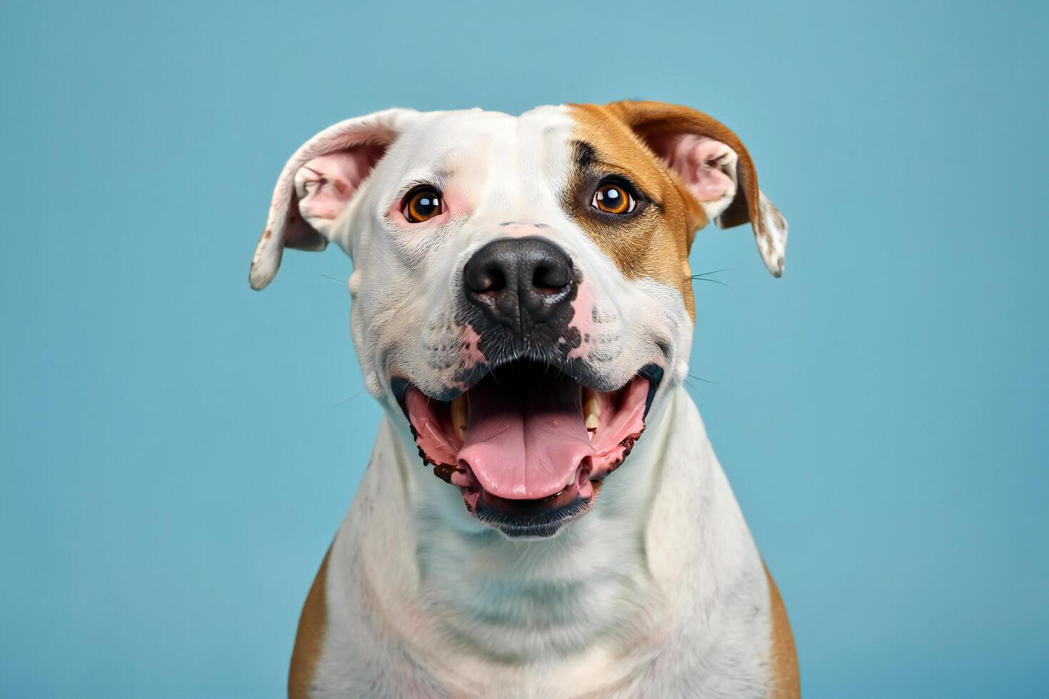 Dog Background Happy American Bulldog Puppy Dog Portrait Studio Shot Light Blue Background photo