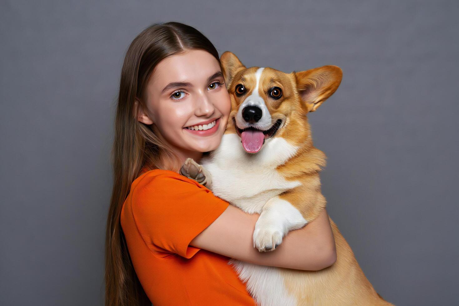 Dog Background Happy Young Woman Hugging Adorable Corgi Dog Studio Portrait photo