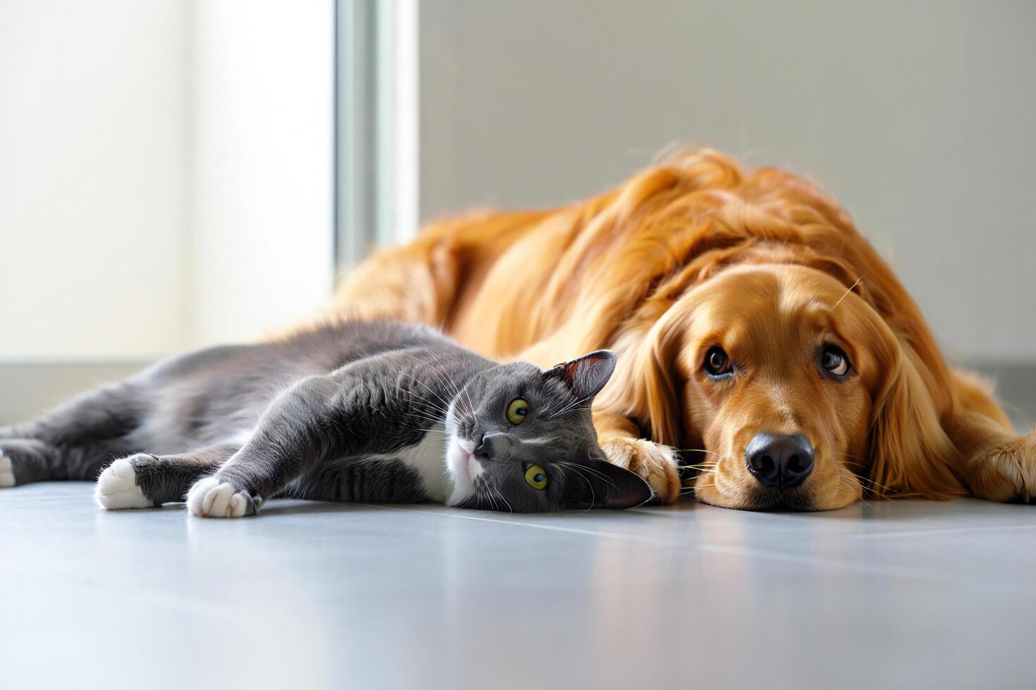 Dog Background Golden Retriever Dog and Grey Cat Relaxing Together Indoors on Floor photo