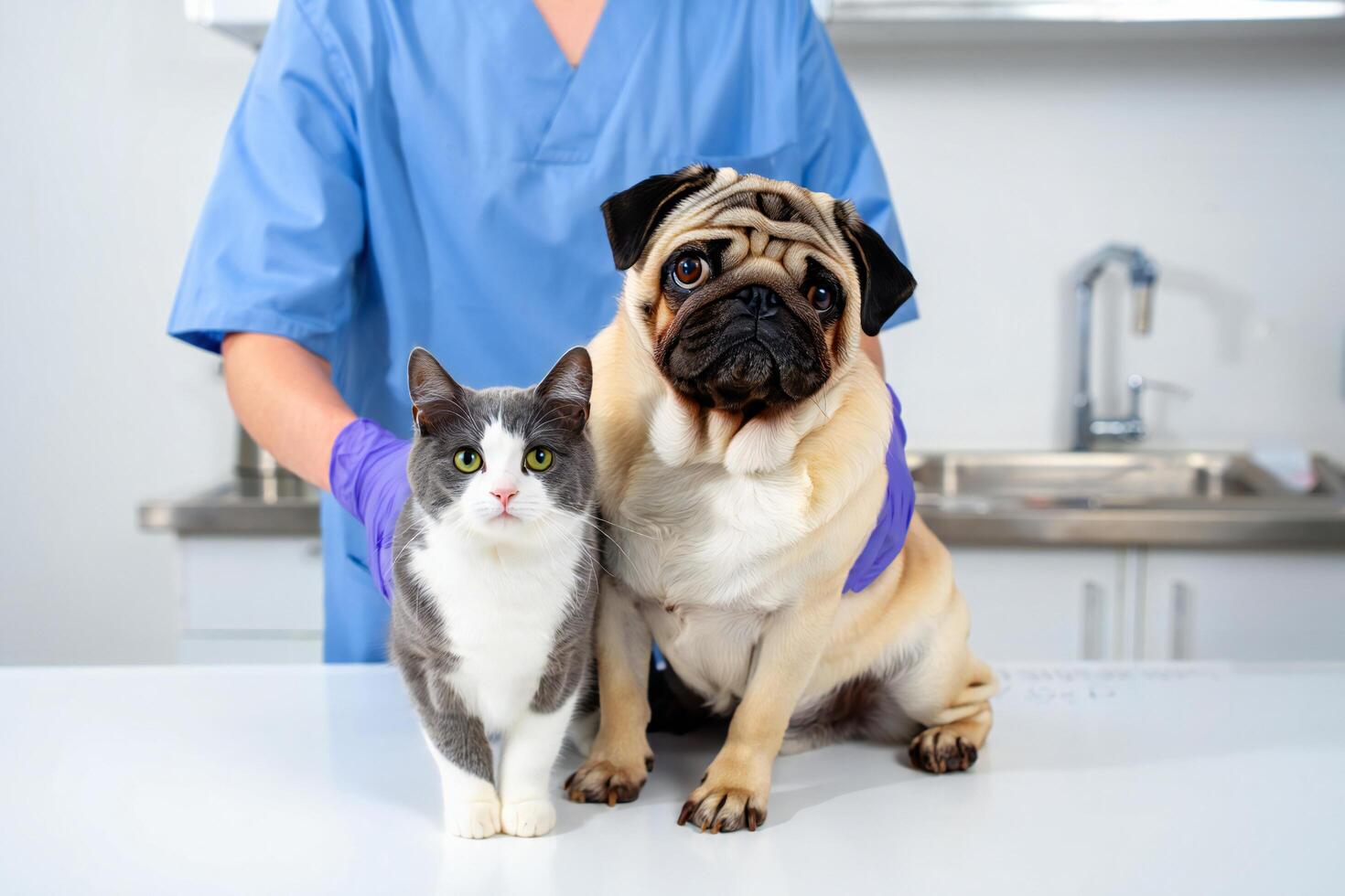 Dog Background Veterinarian Examining Adorable Pug Dog and Grey Cat at Clinic photo