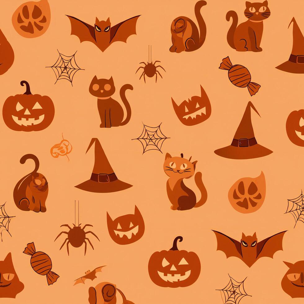 Halloween Background Seamless Halloween Pattern Cute Cats Pumpkins Bats and Witch Hats in Orange Tones photo