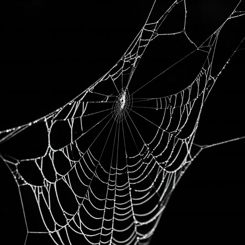 Halloween Background Dew Covered Spiderweb Intricate Nature Design Black Background Macro Photography photo