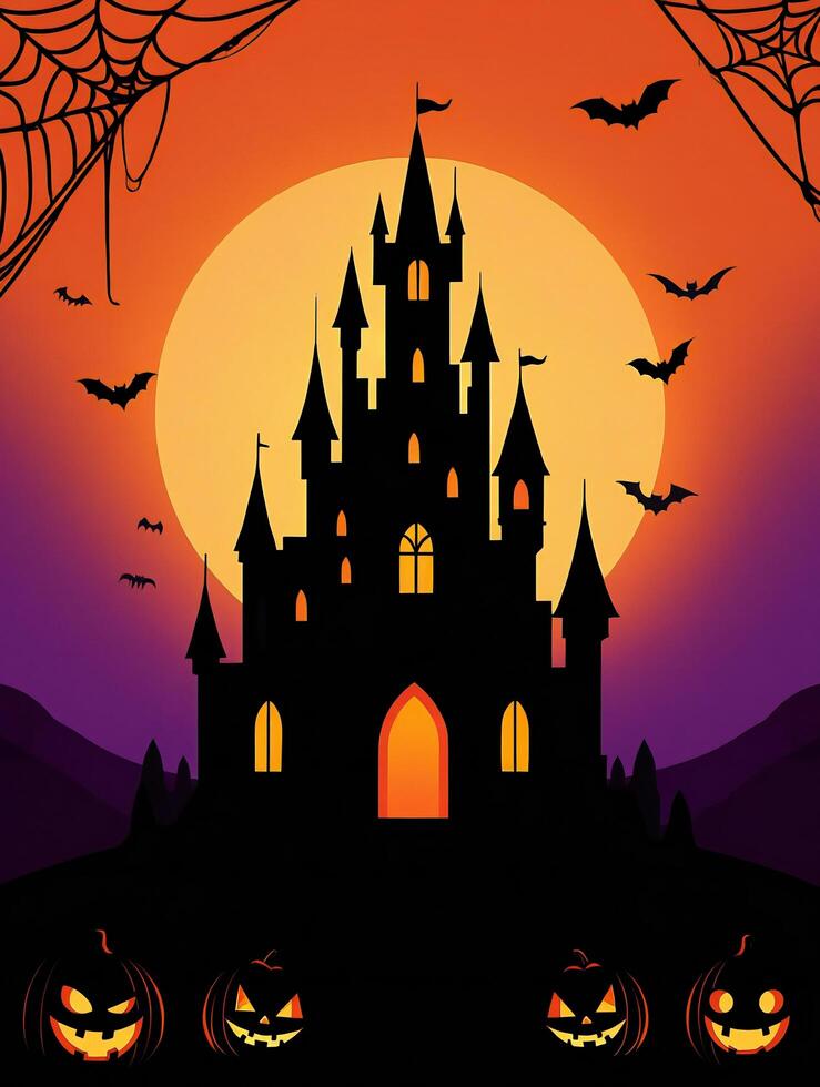 Halloween Background Spooky Halloween Castle Silhouette Against Orange Moon Bats Pumpkins and Spiderwebs photo