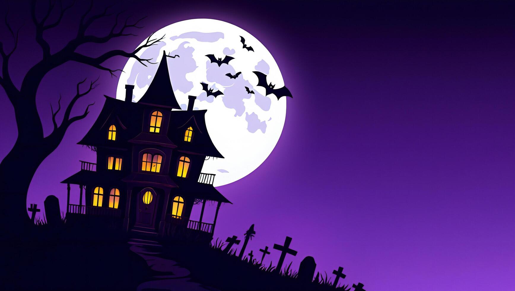 Halloween Background Spooky Halloween Haunted House Silhouette with Full Moon Bats and Graveyard photo