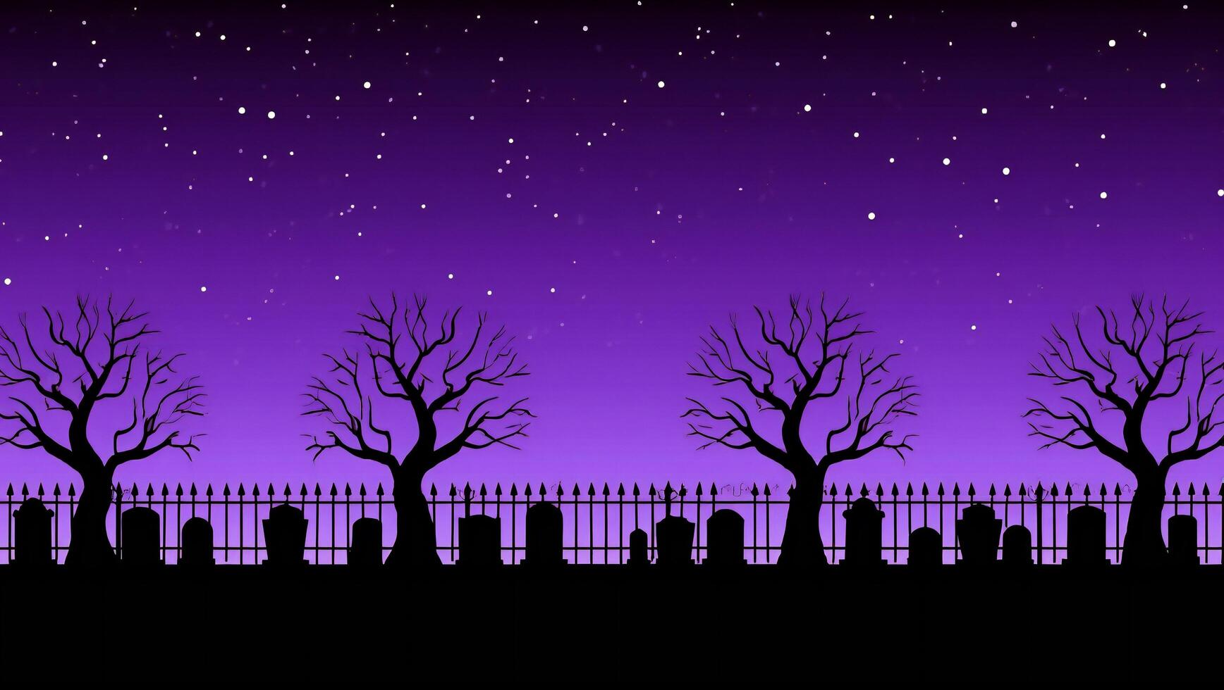 Halloween Background Spooky Halloween Night Cemetery Scene Silhouetted Trees Gravestones and Fence under a Starry Purple photo